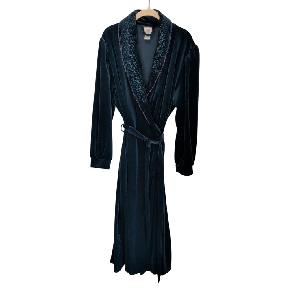 Vtg Amanda Stewart Sz L Teal Green Embroidered Velvet Collared Robe Full Length